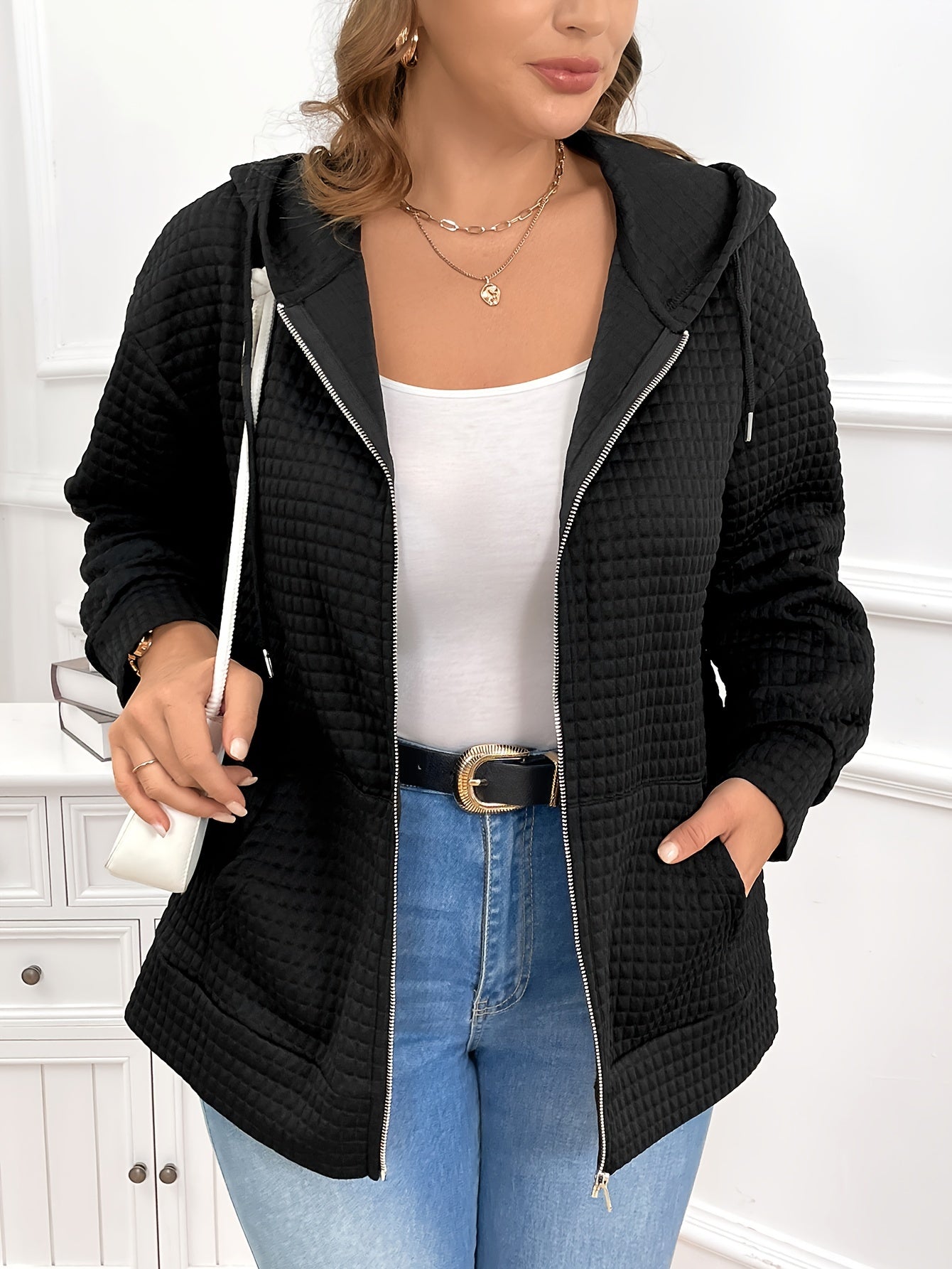 Schwarzer Strukturierter Kapuzenmantel - Nora