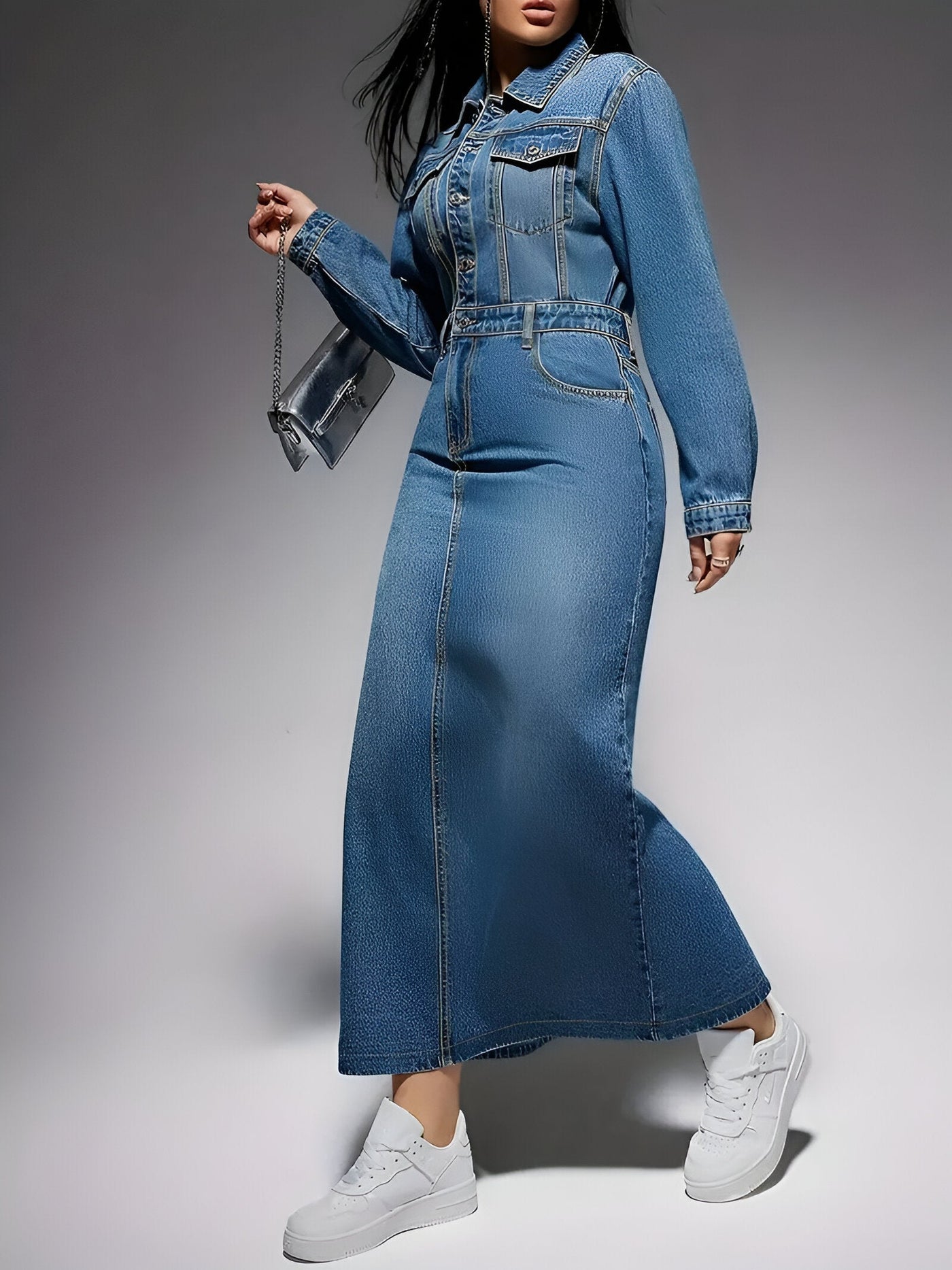Liona | Stylisches Denim-Look Langarmkleid