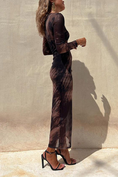 Taylor® | Charm Lady Mesh Overlay Tie Dye Print Langarm gerafftes Stretch-Midikleid