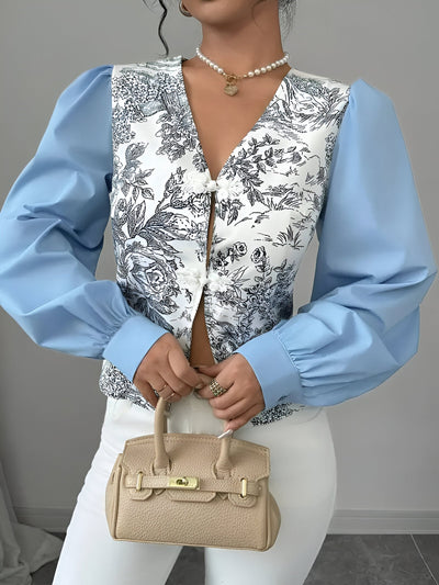 Rosalin | Bluse mit V-Ausschnitt und Lantern-Ärmeln im Blumenprint