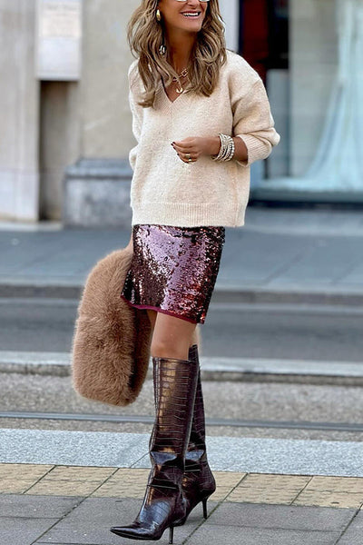 Caroline® | Sexy, einfarbiger, lässiger Langarmpullover mit großem V-Ausschnitt