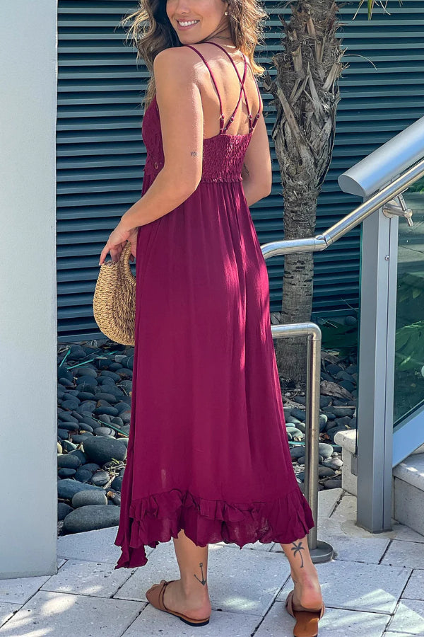 Verónica® | Granatrotes Häkeloberteil-High-Low-Kleid