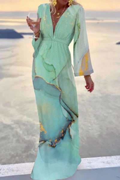 Gemustertes V-Ausschnitt Kleid für Damen - Elyrae