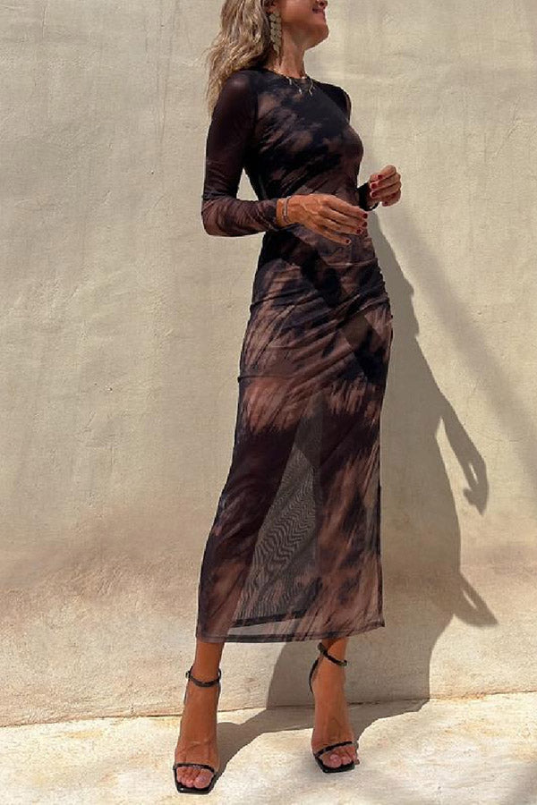 Taylor® | Charm Lady Mesh Overlay Tie Dye Print Langarm gerafftes Stretch-Midikleid