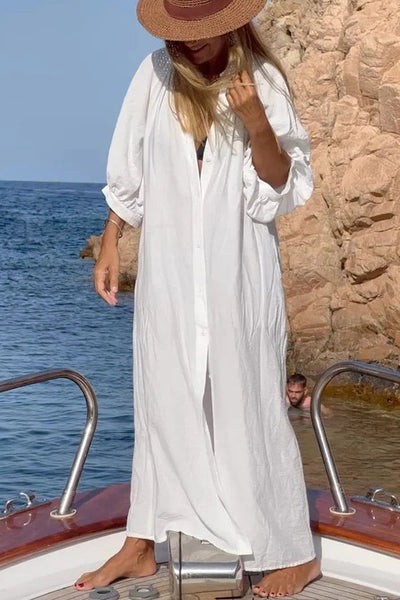 Evelyn® | Nehmen Sie ein lockeres, lockeres Hemd-Maxikleid mit Ballonärmeln und Knopftaschen