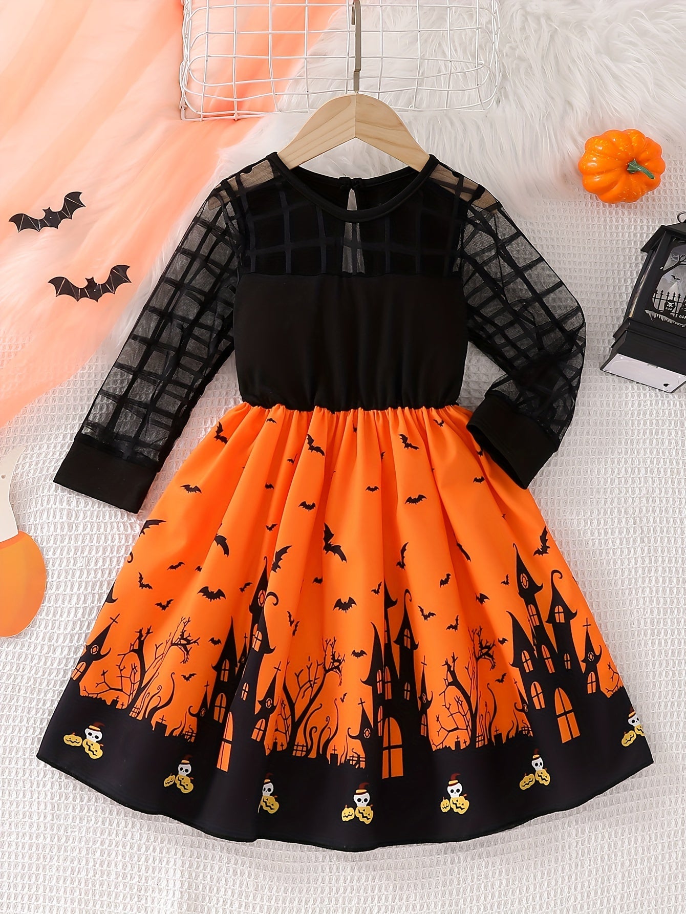 Mädchen Halloween-Kleid mit Mesh-Langarm und verspieltem Print
