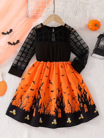Mädchen Halloween-Kleid mit Mesh-Langarm und verspieltem Print