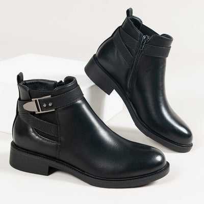 Ann – Schwarze Damen-Chelsea-Boots mit Seitlichem Reißverschluss und Schnalle