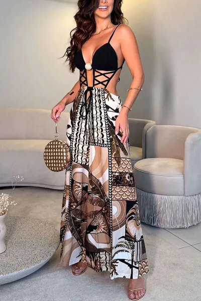 Paula® | Rückenfreier Overall mit Träger-Kreuz-Design, Patchwork-Print, elastischer Taille