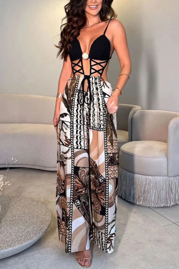 Paula® | Rückenfreier Overall mit Träger-Kreuz-Design, Patchwork-Print, elastischer Taille