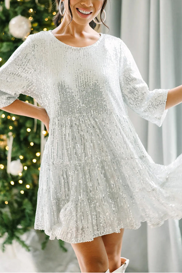 Jasmine® | Silbriges Party-Minikleid mit Pailletten, halben Ärmeln und Rundhalsausschnitt