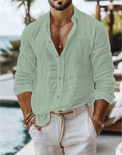 Aaron – Herrenhemd aus Baumwoll-Leinen mit einfarbiger Optik und langen Ärmeln