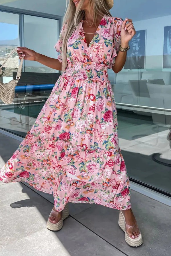 Perla® | Süße Urlaubskleider mit floralem V-Ausschnitt und Taillenrock