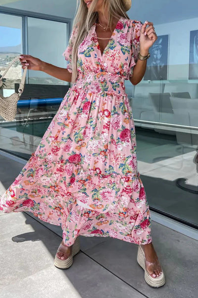 Perla® | Süße Urlaubskleider mit floralem V-Ausschnitt und Taillenrock