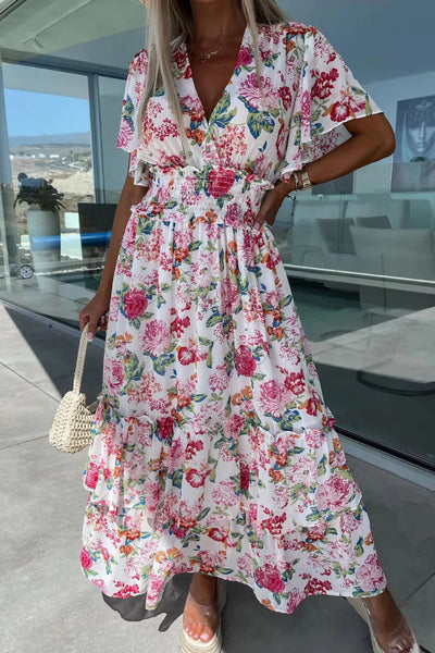 Perla® | Süße Urlaubskleider mit floralem V-Ausschnitt und Taillenrock