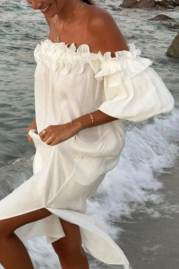 Jacinta® | Schulterfreies Midikleid aus Leinenmischung mit Rüschen, Puffärmeln und Taschen