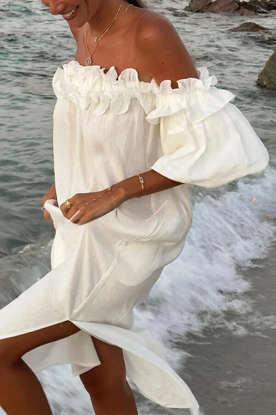 Jacinta® | Schulterfreies Midikleid aus Leinenmischung mit Rüschen, Puffärmeln und Taschen