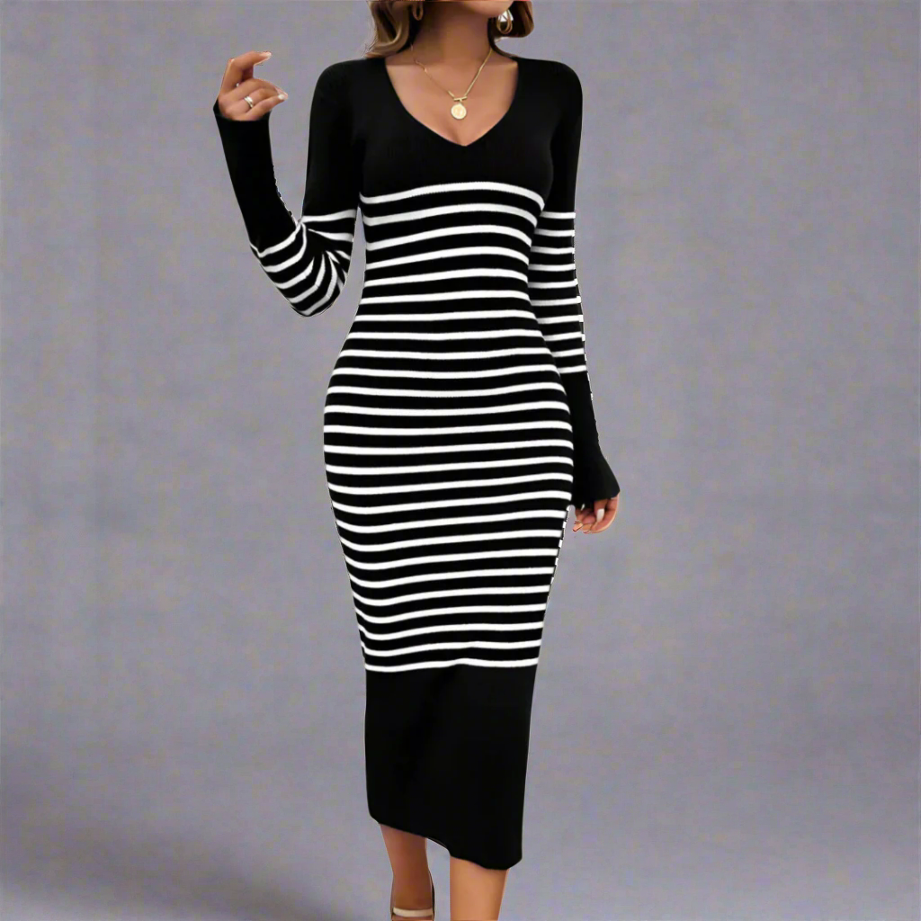 Franziska| Strickkleid Damen mit V-Ausschnitt und Modernem Streifenmuster