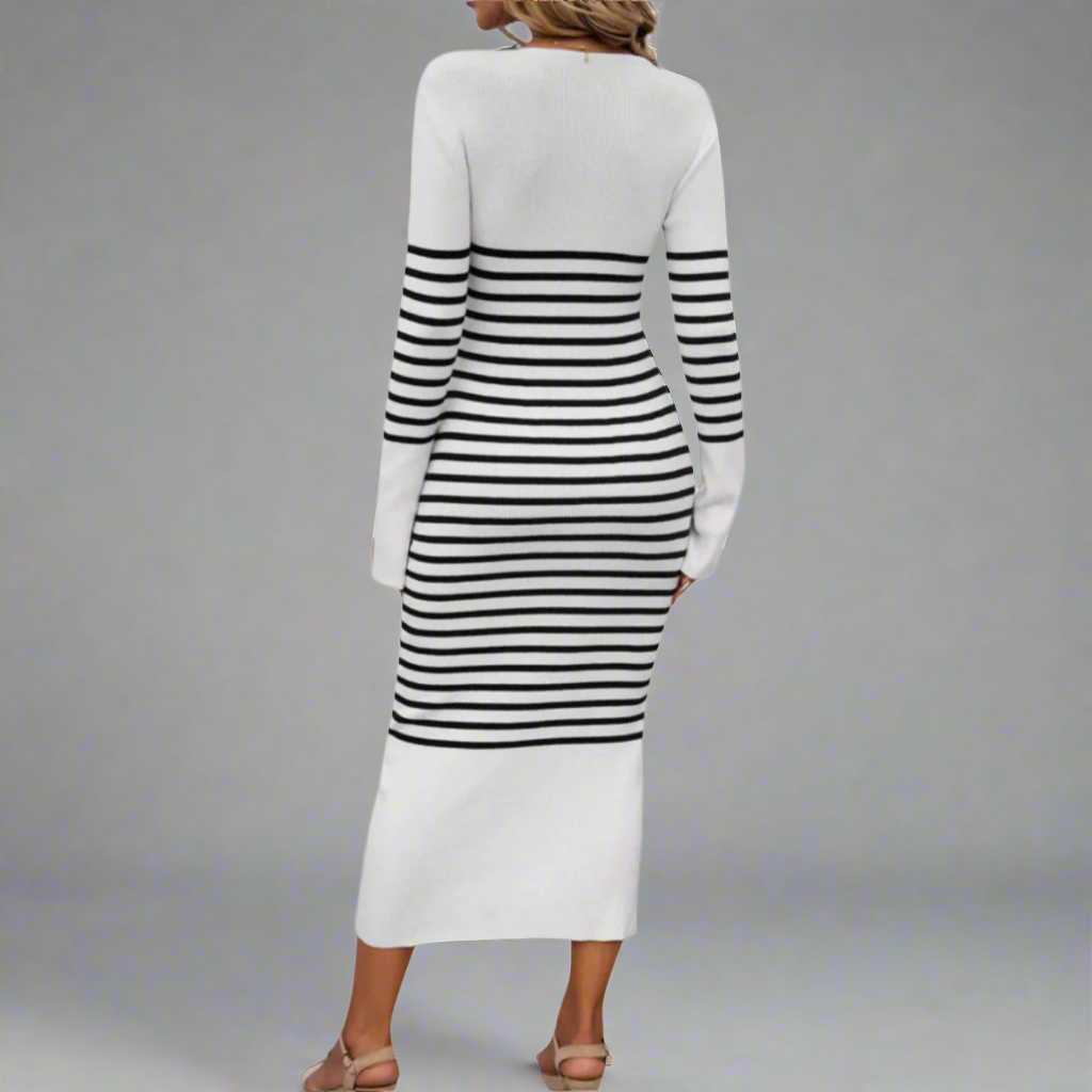 Franziska| Strickkleid Damen mit V-Ausschnitt und Modernem Streifenmuster