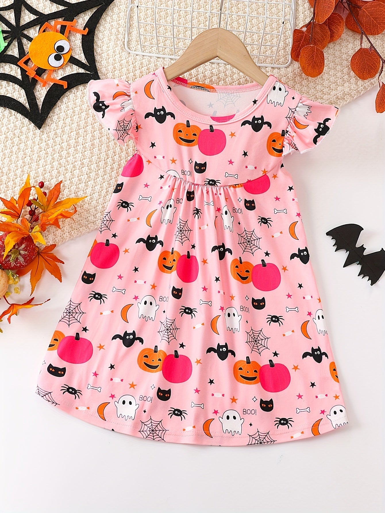 Mädchen Kleid mit niedlichem Cartoon-Allover-Print und Rüschenärmeln – Pink