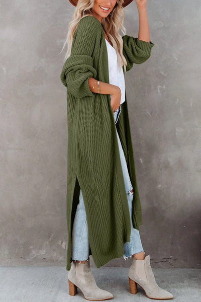 Marla® | Pickle Green Duster-Cardigan mit Zopfmuster und seitlichen Schlitzen und offener Vorderseite