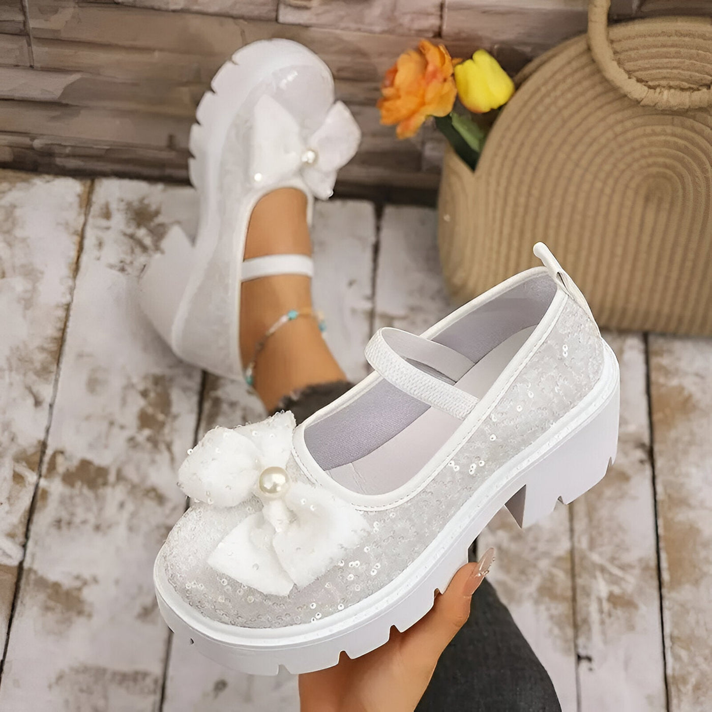 Lina | Schicke Damen Loafers mit Perle und Schleife