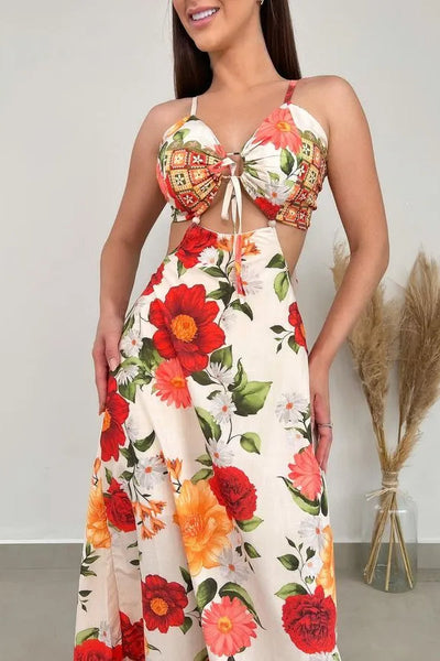 Hana® | Blooming Rose – Maxikleid mit Cut-Outs und Binderücken am Rücken