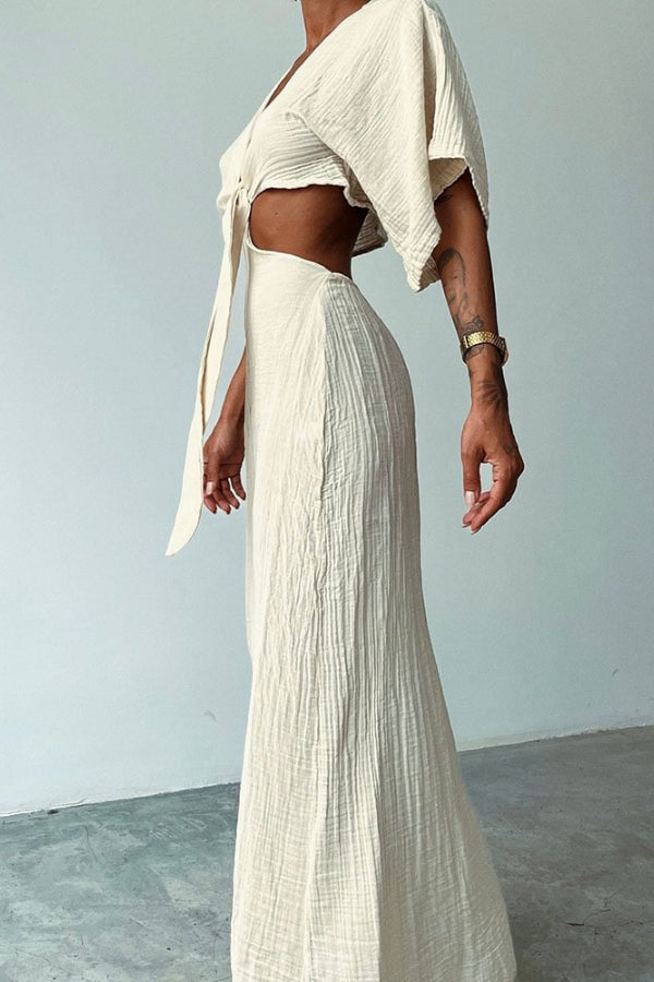 Elda® | Kleid aus Baumwolle und Leinen mit Schnürung und freiliegender Taille