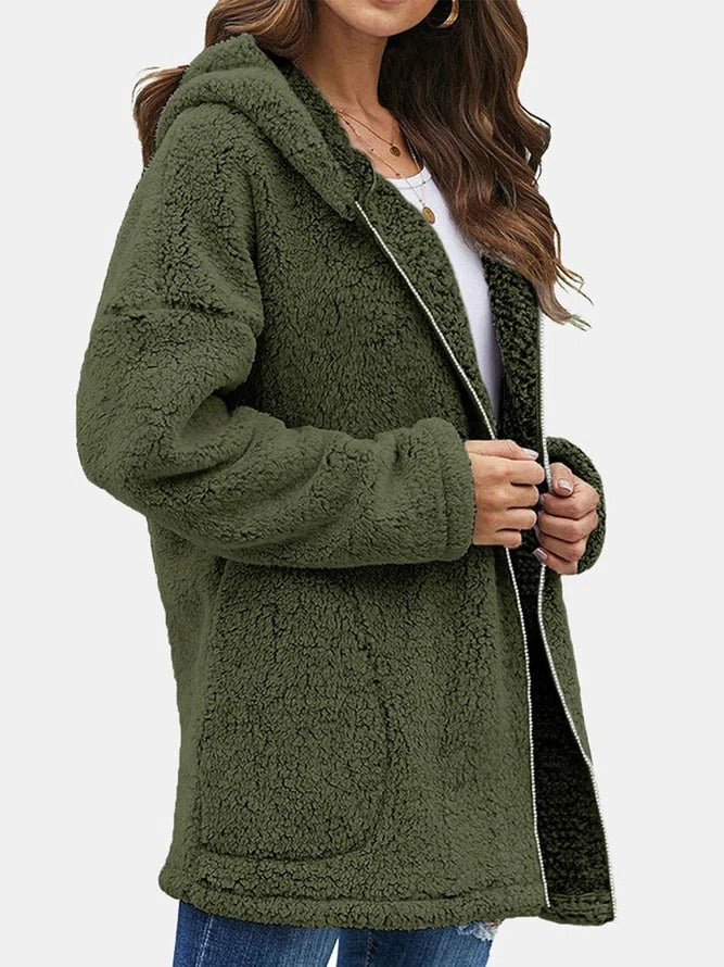 Damen Teddyjacke mit Reißverschluss – Olivegrün