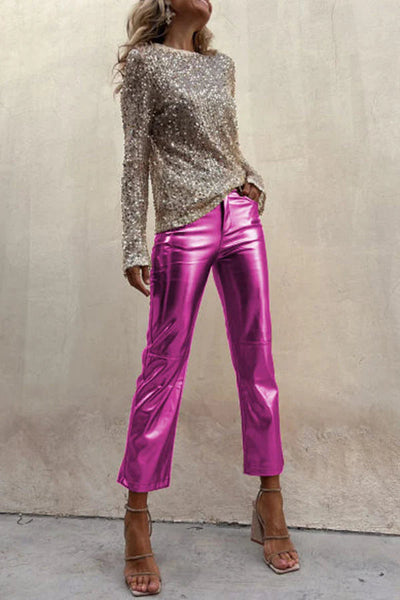 Alexandra® | Gerade Hose aus Metallic-Kunstleder von Sinclair mit hohem Bund und Taschen