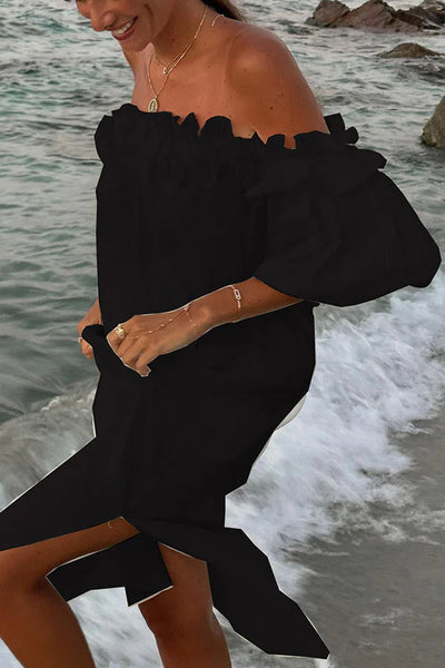 Jacinta® | Schulterfreies Midikleid aus Leinenmischung mit Rüschen, Puffärmeln und Taschen