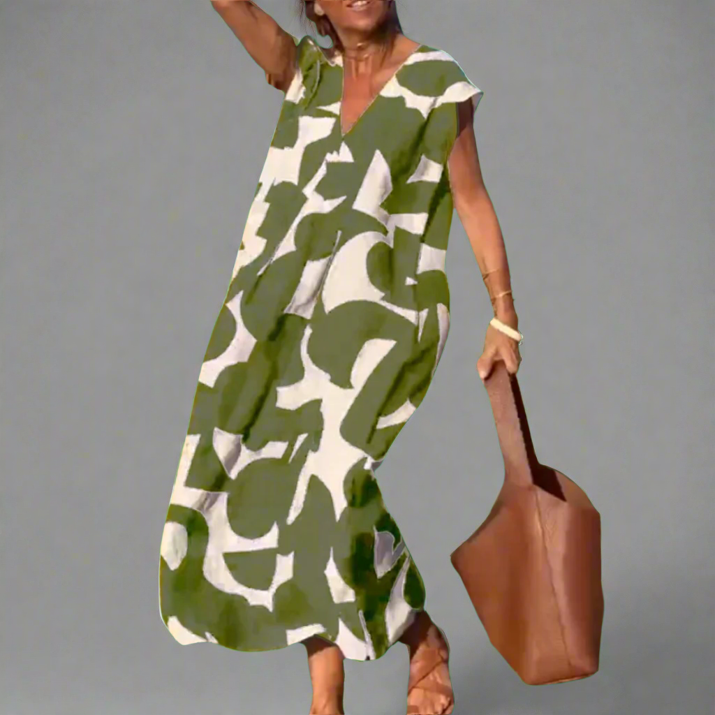 Linda| Bedrucktes V-Ausschnitt-Kleid Für Damen Aus Premiumstoff