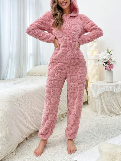 Herz Jacquard Flauschiger Kapuzen-Nacht-Jumpsuit