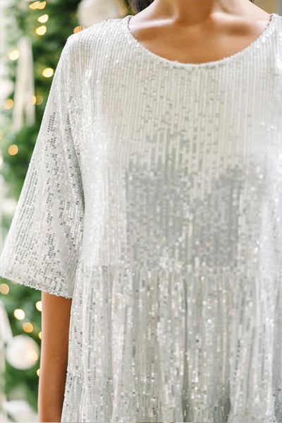 Jasmine® | Silbriges Party-Minikleid mit Pailletten, halben Ärmeln und Rundhalsausschnitt