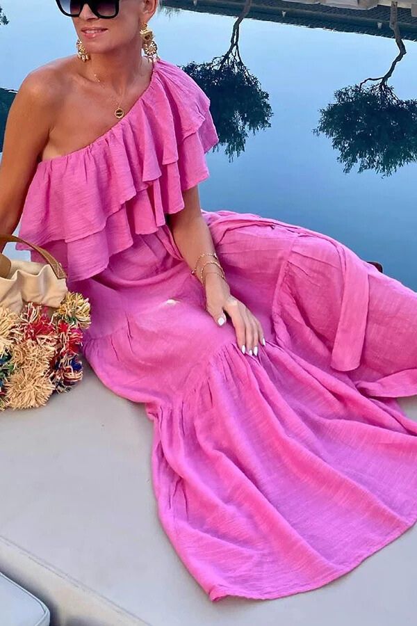 Danna® | Maxikleid aus Baumwollmischung mit Rüschen und One-Shoulder-Gürtel