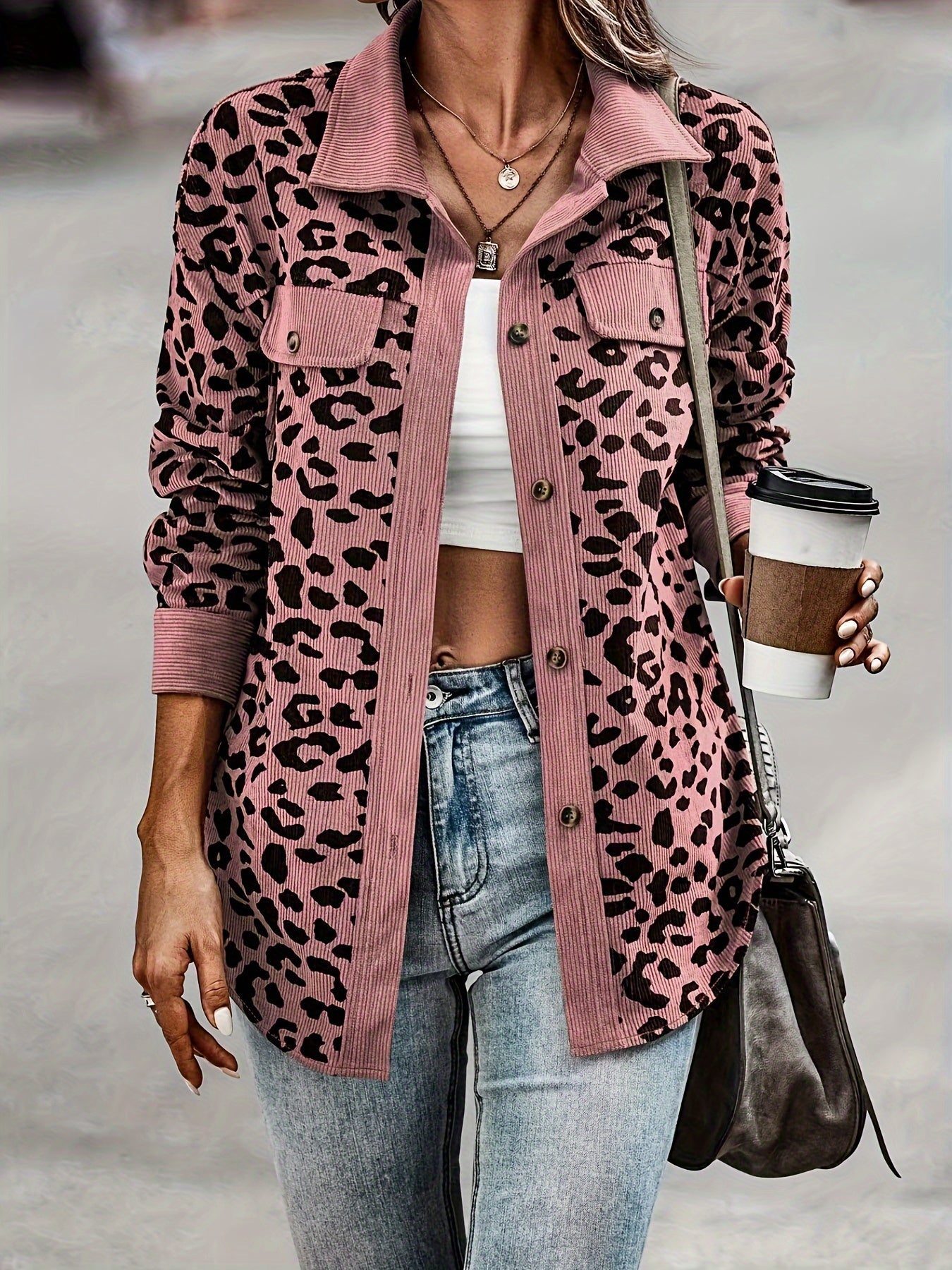 Leopardenmuster Langarm-Jacke mit Knopfleiste - Fiona