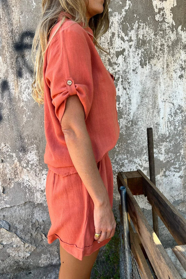 Aranza® | Orange Sommeranzug aus Baumwolle und Leinen mit kurzen Ärmeln