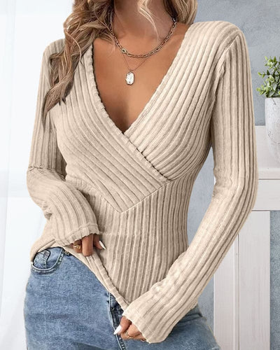 Apricot V-Ausschnitt Pullover mit Rippstruktur - Amelie