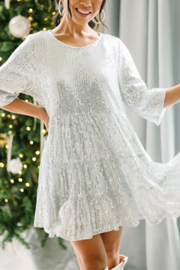 Jasmine® | Silbriges Party-Minikleid mit Pailletten, halben Ärmeln und Rundhalsausschnitt