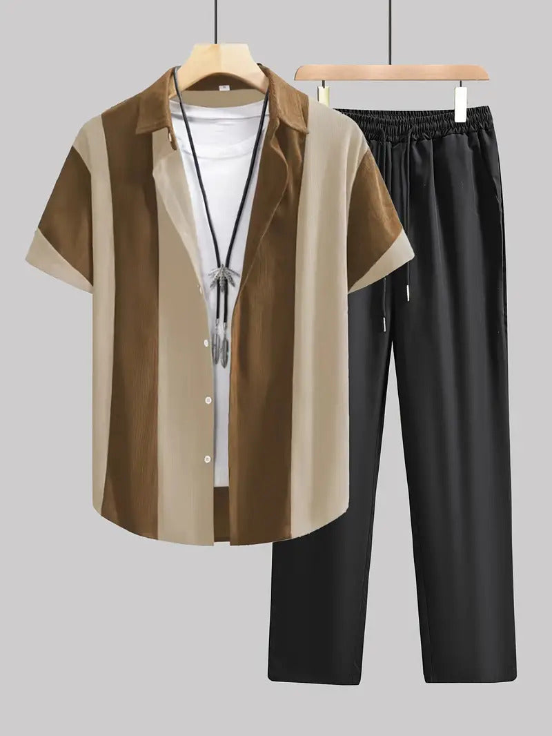 Timothy – Lässiger modischer gestreifter Kurzarmhemd-Hosenanzug