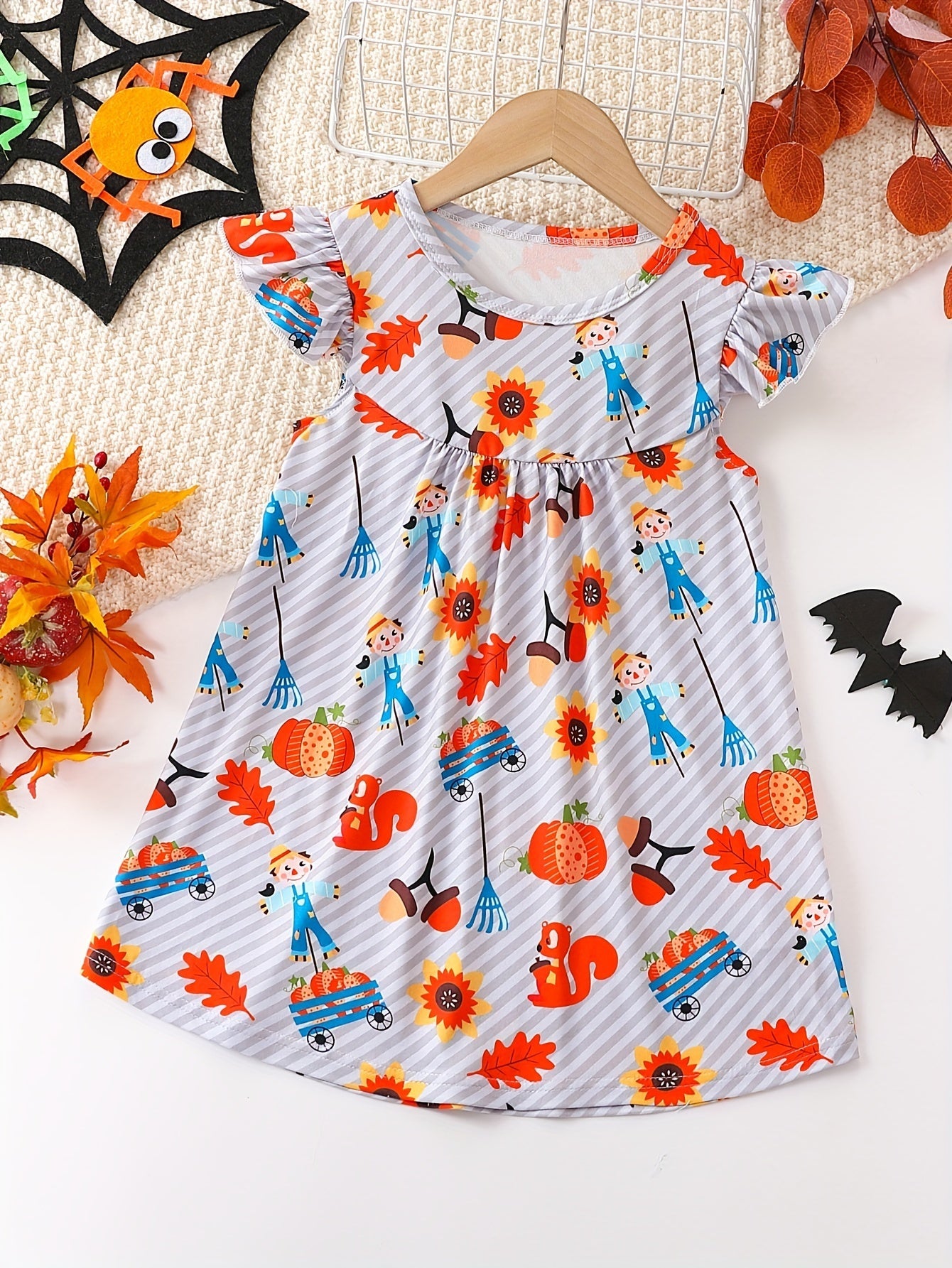 Mädchen Kleid mit niedlichem Cartoon-Allover-Print und Rüschenärmeln – Pink