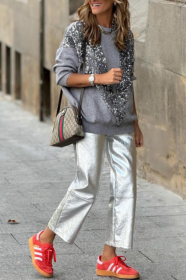 Lena® | V-förmiges, mit Pailletten verziertes Pullover-Sweatshirt-Oberteil