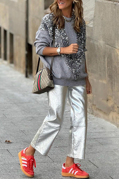 Lena® | V-förmiges, mit Pailletten verziertes Pullover-Sweatshirt-Oberteil