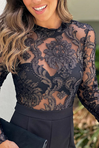 Mariola® | Schwarzer Overall mit langärmeligem, verziertem Oberteil