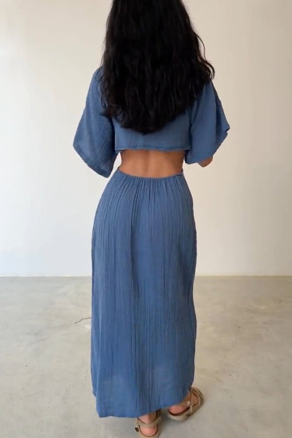 Elda® | Kleid aus Baumwolle und Leinen mit Schnürung und freiliegender Taille