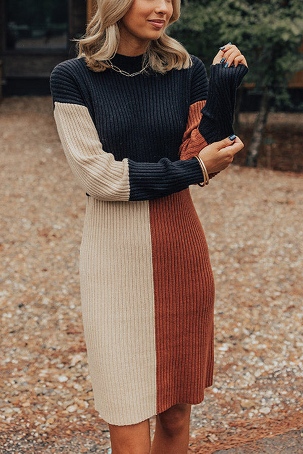 Marcella® | Winter-Latte-Strick-Pullover-Minikleid mit Stehkragen und Farbblockmuster