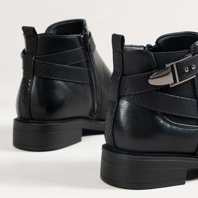 Ann – Schwarze Damen-Chelsea-Boots mit Seitlichem Reißverschluss und Schnalle