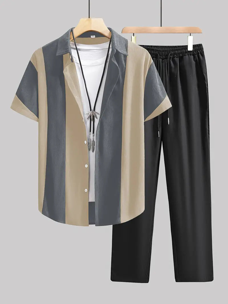 Timothy – Lässiger modischer gestreifter Kurzarmhemd-Hosenanzug