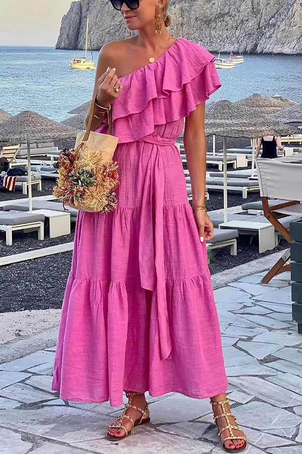 Danna® | Maxikleid aus Baumwollmischung mit Rüschen und One-Shoulder-Gürtel