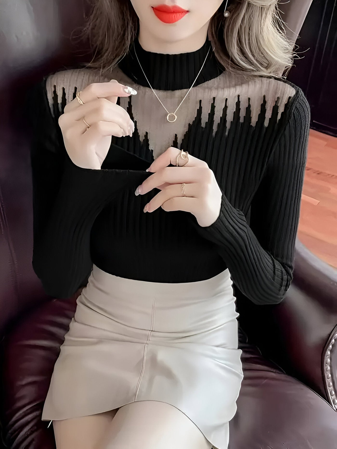 Jaycelyn | Eleganter Ripstrick-Pullover mit Mesh-Einsätzen